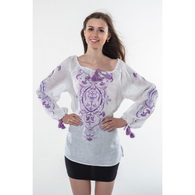 Boho Style Ukrainian Embroidered Folk  Blouse "Magic Herbs" purple on white